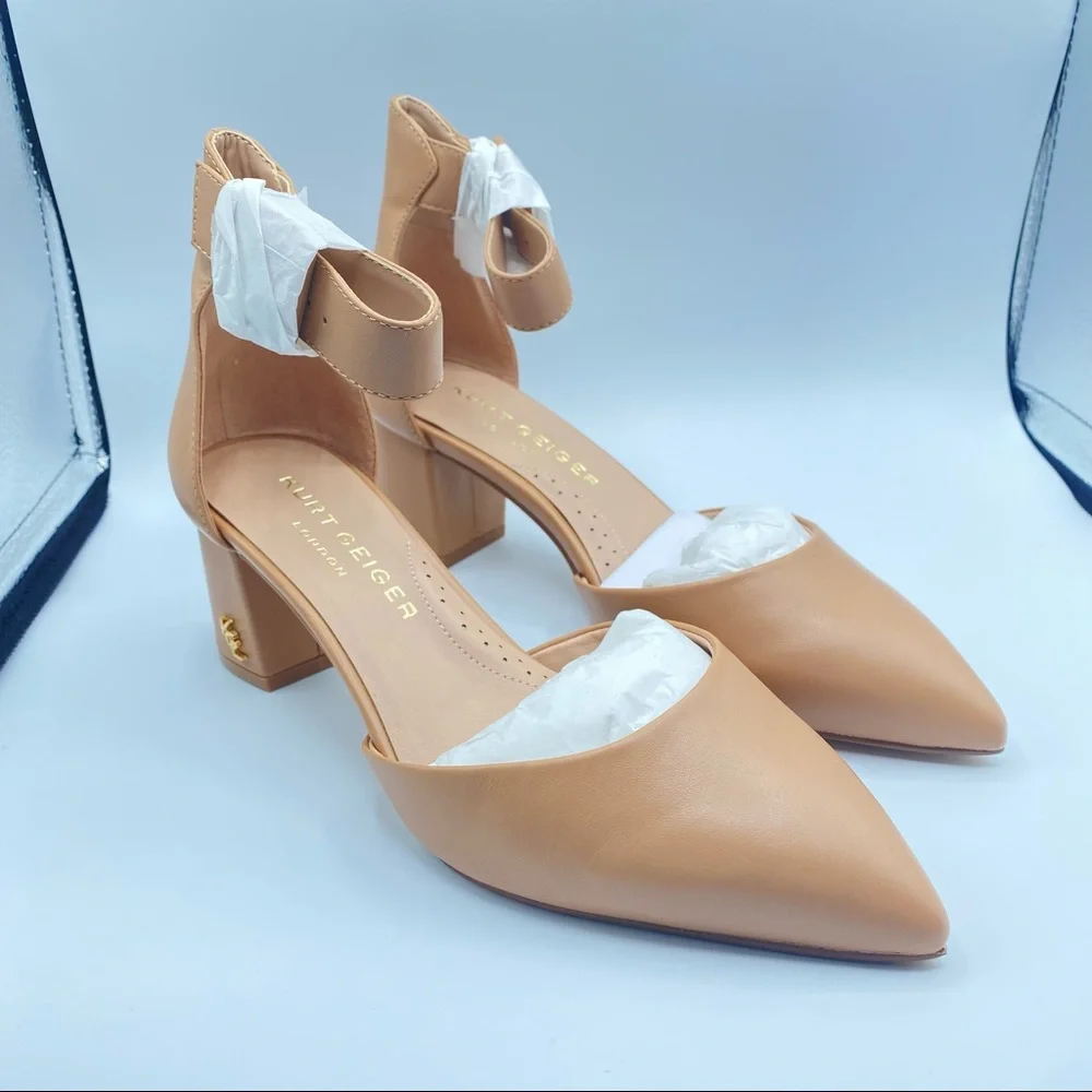Kurt Geiger Nude Tan Pointed Block Heel Ankle Strap Pump
